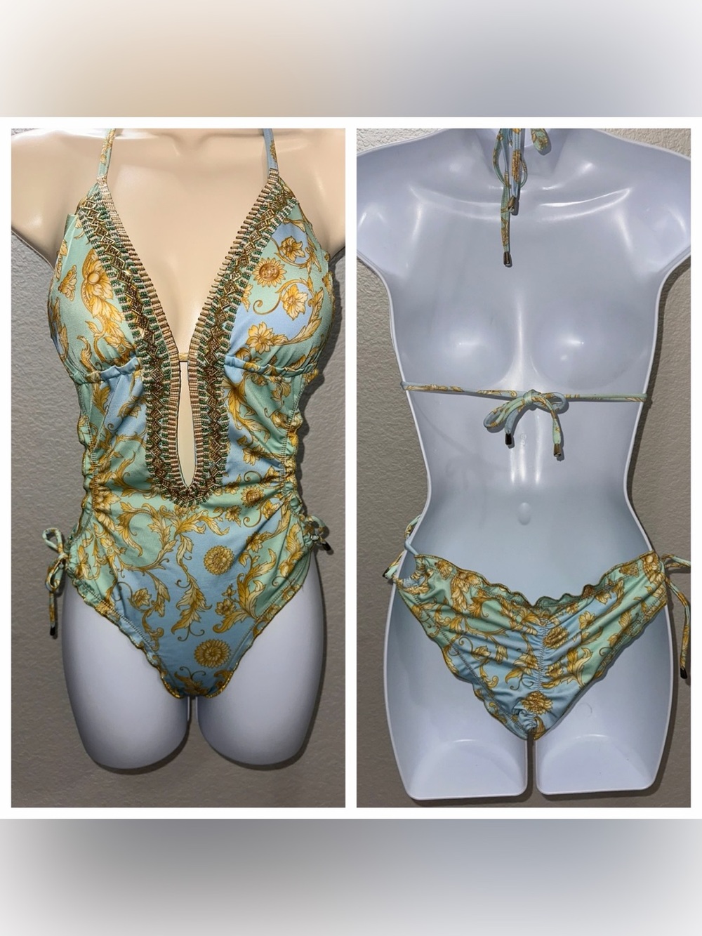 Vali+ Sella Blue & Gold Baroque Print Swimsuit Size Medium